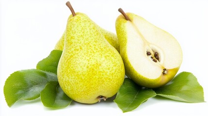 Wall Mural - Two ripe pears, one sliced, sit on green leaves.