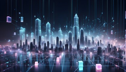 futuristic city skyline made of holographic blocks and digital particles, with abstract data connections