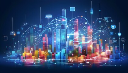 futuristic city skyline made of holographic blocks and digital particles, with abstract data connections