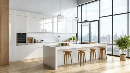 Aufkleber - A contemporary kitchen features sleek cabinetry and a spacious island with wooden seating, illuminated by large windows that showcase an expansive city skyline during the day.