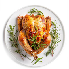 Wall Mural - Roasted Christmas chicken or turkey on a dish with herbs, isolated on a white background