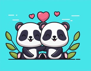 cute panda couple love cartoon vector illustration