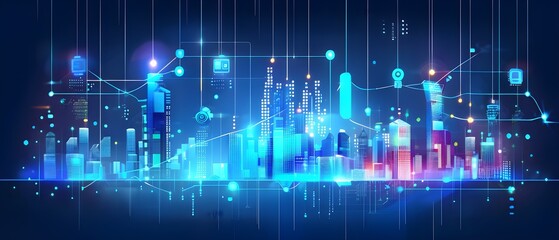 futuristic city skyline made of holographic blocks and digital particles, with abstract data connections