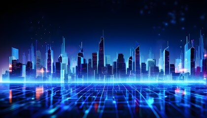 futuristic city skyline made of holographic blocks and digital particles, with abstract data connections