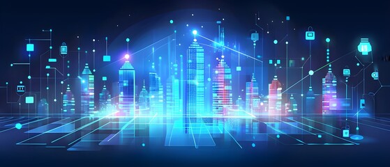 futuristic city skyline made of holographic blocks and digital particles, with abstract data connections