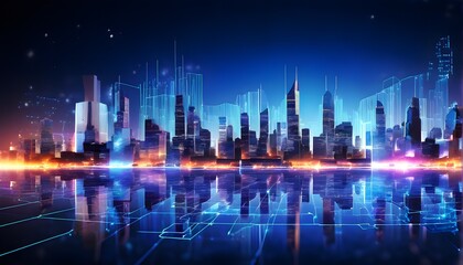 futuristic city skyline made of holographic blocks and digital particles, with abstract data connections