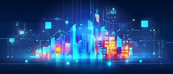 futuristic city skyline made of holographic blocks and digital particles, with abstract data connections