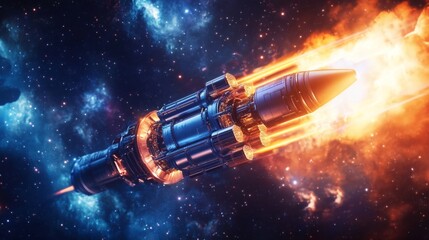Fototapete - A powerful rocket propels itself into deep space, leaving a trail of flames behind