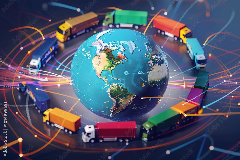 Globe map of the world with many different types of courier and truck ...