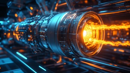 A highly sophisticated plasma engine emits striking orange and blue light in a dark, advanced laboratory