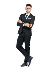 Fototapete - Studio, portrait and businessman with glasses for confidence, professional and justice with legal advice. Career, male person and lawyer with arms crossed for court case, attorney or white background