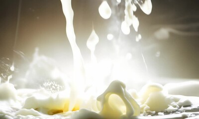Wall Mural - close up milk pour creates dramatic splash on dark background.