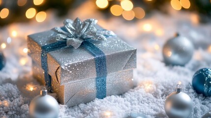 Poster - A silver gift box with a blue ribbon and a silver bow is surrounded by silver and blue Christmas ornaments in the snow. The background is blurred, showing out-of-focus white lights.