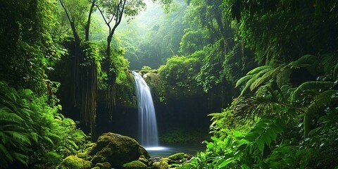 Sticker - Lush tropical rainforest waterfall with sunlight streaming through the canopy.