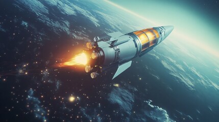Fototapete - A rocket with a flaming exhaust trail is in flight, traveling away from a blue and white planet, presumably Earth