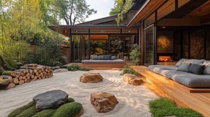 Wall Mural - A tranquil Zen garden, with meticulously raked sand and carefully arranged stones, sits beside a cozy fireplace with logs stacked, 