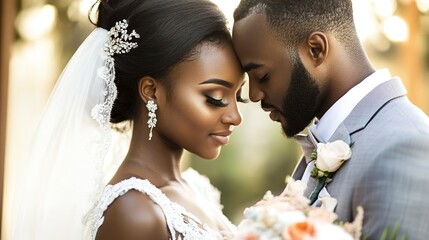 Canvas Print - Elegant couple in wedding attire sharing a close moment.