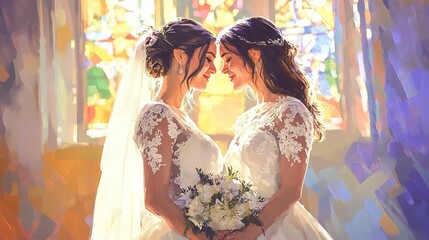 Poster - couple of LGBT woman in wedding dresses on church background.  