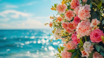 Wall Mural - glamourous beach wedding ceremony flower decor, the background of the sea  