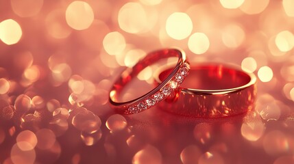Poster - Wedding rings from red gold on light bokeh background. Gold wedding rings. Minimalistic rings for wedding, proposal. Saint Valentine Day rings. Ring photo for ads or catalog. Simple wedding rings  