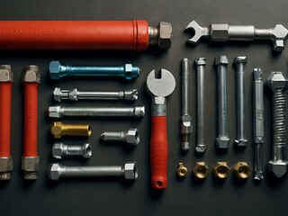 Plumbing tools surrounded by various bolts and nuts.