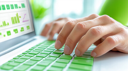 Poster - Person typing on a green keyboard while analyzing data on a laptop in a bright workspace