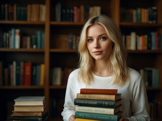 Portrait of a blonde woman with books.