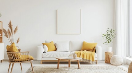 Poster - The room features a white couch with yellow throw pillows and a matching throw blanket. A wooden chair with yellow cushions sits in front of the couch