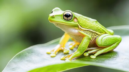 A striking close-up of a vibrant green tree frog perched on a glossy leaf, showcasing its intricate skin texture and vivid colors. The background features a softly blurred rainforest setting,