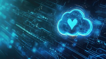 Poster - A digital cloud icon with a heartbeat pulse, glowing on a futuristic blue and black tech background