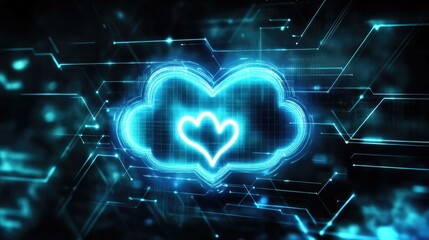 Poster - A digital cloud icon with a heartbeat pulse, glowing on a futuristic blue and black tech background
