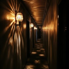 A dimly lit hallway illuminated by a series of art deco wall lamps, casting dramatic shadows on the walls