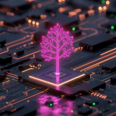 Futuristic Digital Environment with Glowing Neon Tree and Circuit Board Background - Illustration of Technology Growth