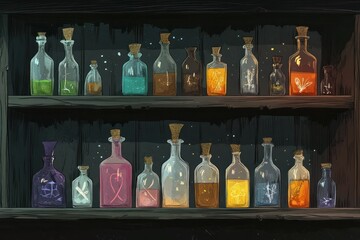 Painted Magic Potion Bottles on Wooden Shelves in a Dark Room