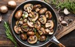 © chusnul - A skillet filled with saut?ed mushrooms and herbs, showcasing a delicious dish being prepared.
