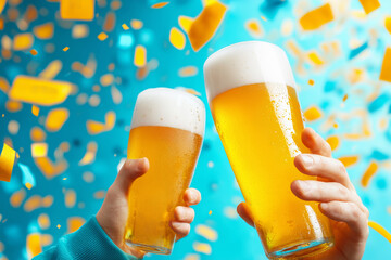 Celebratory cheers with two glasses of beer amidst confetti at a festive party atmosphere