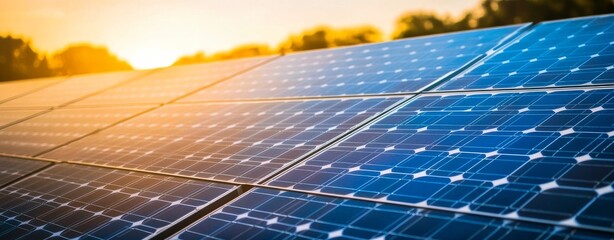 visualization of renewable energy solar close-up view of solar cells on panel at sunset