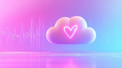 Poster - A floating cloud icon with a heartbeat pulse symbol, set against a vibrant digital tech background