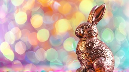 close up of a shiny golden metallic easter rabbit chocolate candy with a bokeh background of colorfu