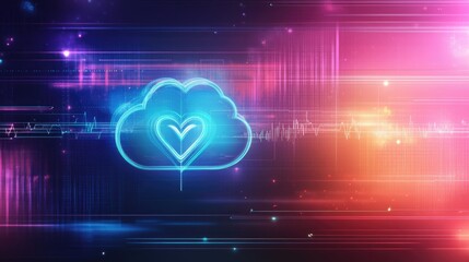 Poster - A floating cloud icon with a heartbeat pulse symbol, set against a vibrant digital tech background