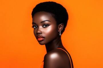 Radiant Beauty: A captivating portrait of a Black woman with a short, stylish haircut, glowing skin, and a confident gaze against a vibrant orange backdrop.  