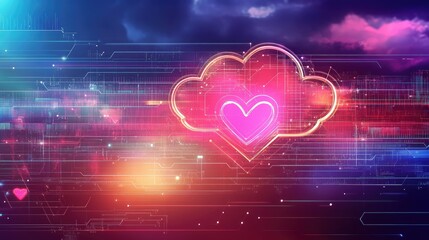 Poster - A floating cloud icon with a heartbeat pulse symbol, set against a vibrant digital tech background