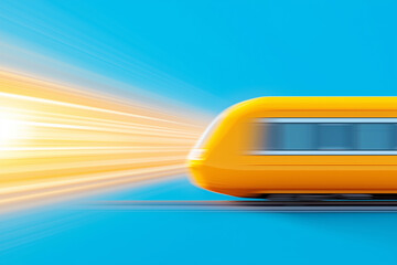 Poster - A bright yellow train speeding through a vibrant blue background in a futuristic design