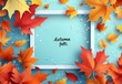 © Georgii - Autumn background design with colorful leaves framing a bright teal backdrop, conveying the beauty and changes of the fall season.