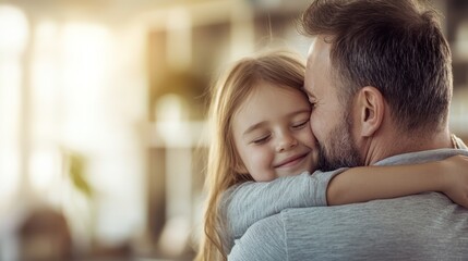 A father embracing his daughter, showcasing love and happiness in a warm indoor setting.