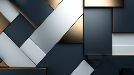 Luxurious abstract geometric composition featuring a visually striking arrangement of layered metallic shapes intersecting angular patterns and a minimalist contemporary design