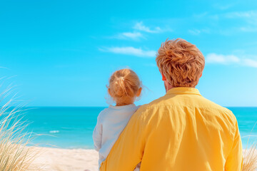 A father and daughter enjoy a serene moment at the beach on a clear sunny day