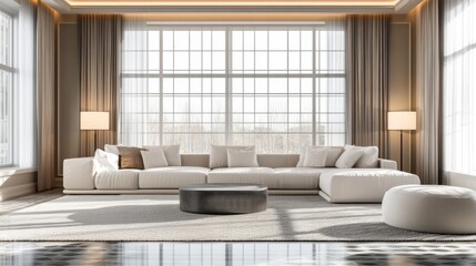 modern living room with minimalist furniture, large windows, and soft lighting, isolated on a transp