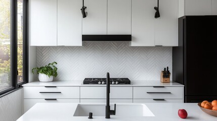 Poster - A contemporary kitchen showcases white cabinetry and a quartz countertop, accented by black fixtures. The space is filled with natural light, emphasizing the clean lines and organized layout.