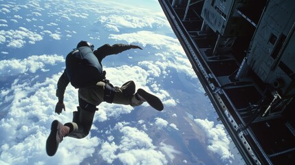 Skydiver free-falling from an airplane